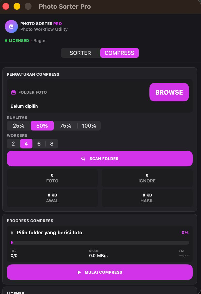 Preview aplikasi Photo Sorter Pro — mode Compress